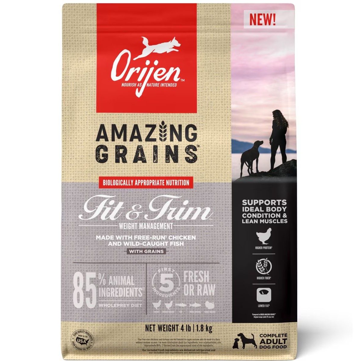 4lb / 1.8kg Orijen Amazing Grains™, Fit & Trim Grain Inclusive Dry Dog Food | 264-RIANJO